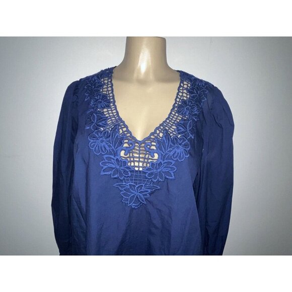 J. Crew Blue Cotton Puff Sleeves Crochet Trim Blouse Size XL New - Picture 2 of 4